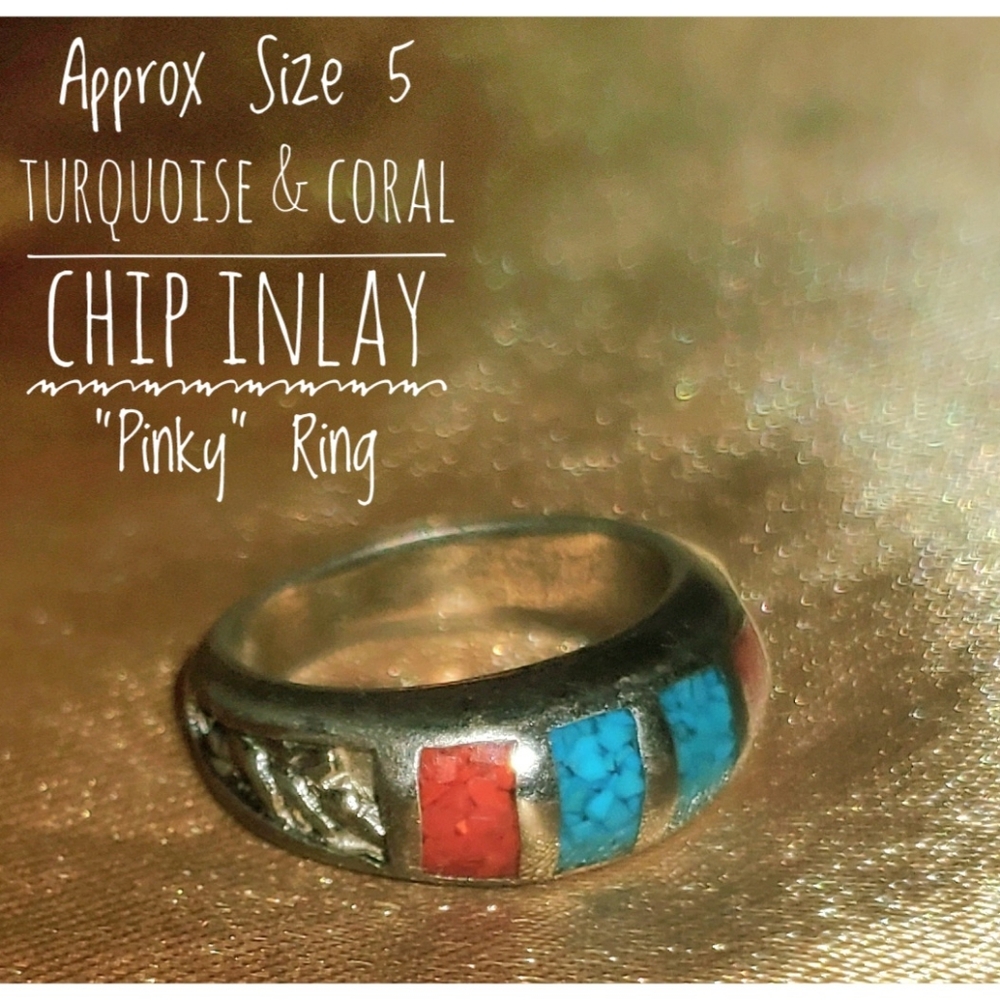 Vintage Turquoise & Coral Chip Inlay Pinky Ring
